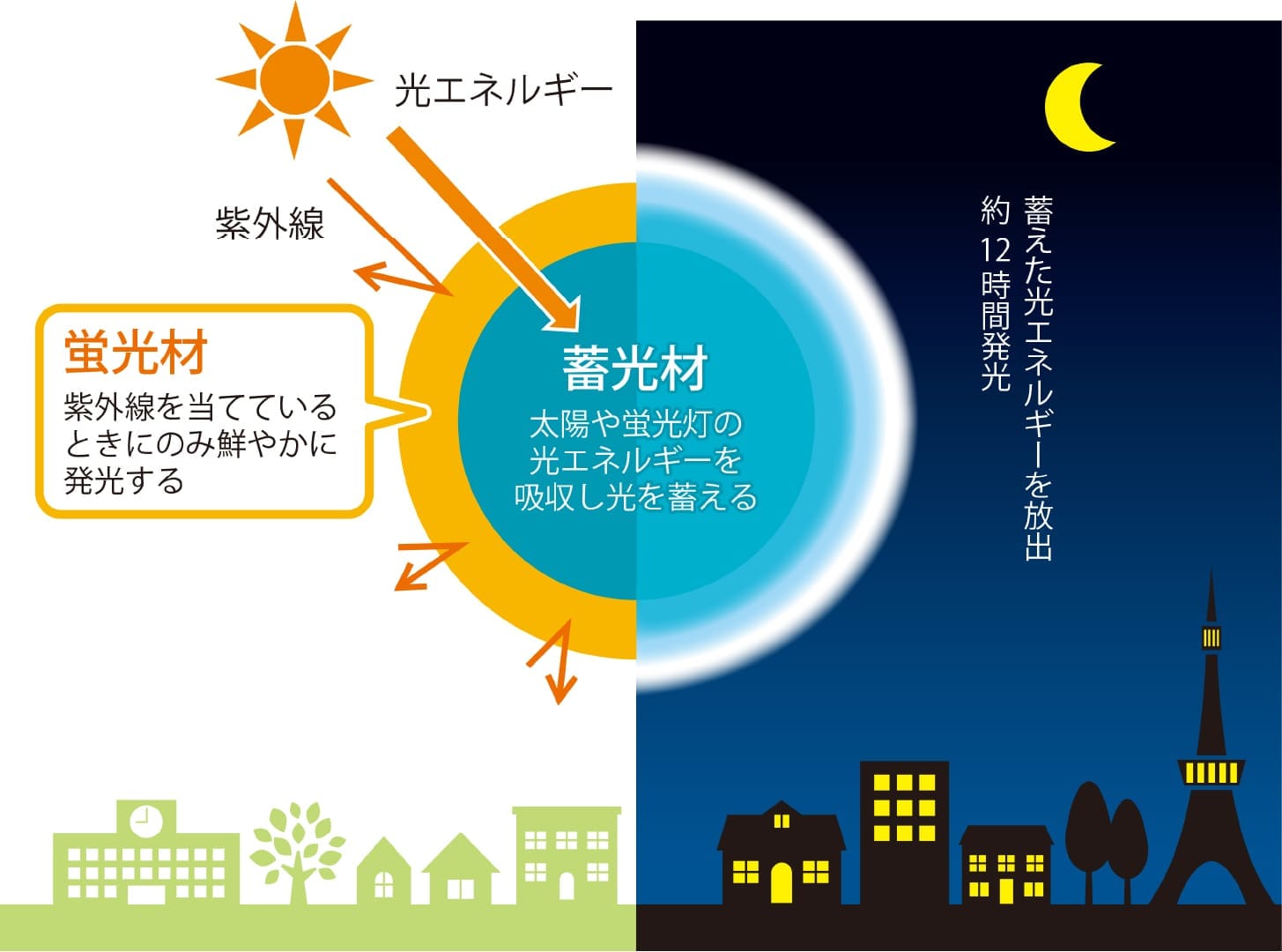蓄光材　太陽や蛍光灯の光エネルギーを吸収し光を蓄える